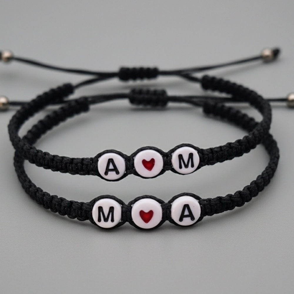Black Adjustable Friendship Bracelets with Heart and Initials